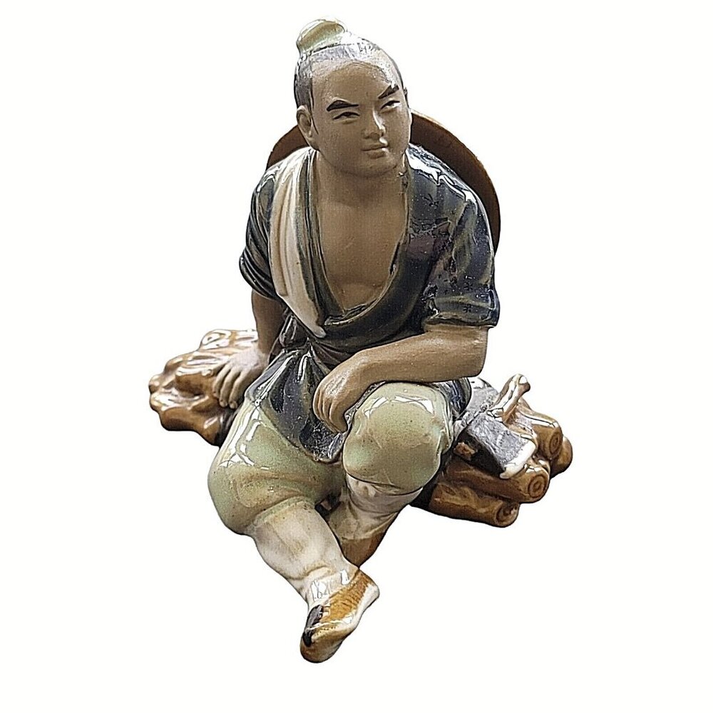 Chinese Mudman Mudmen Sitting on Wood Pile w/ Axe & Hat 3.75" Figurine Vintage